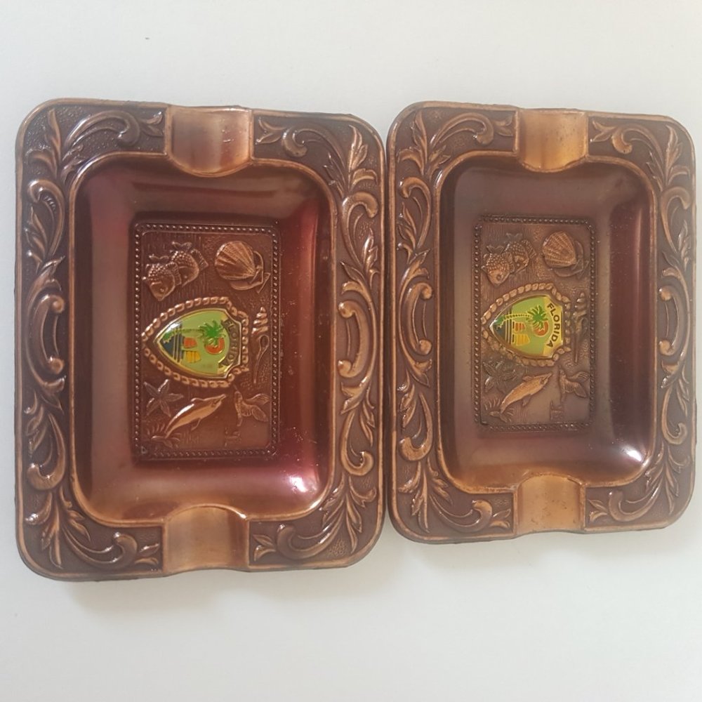 Vintage Copper Color FLORIDA Ashtray Lot of 2 Collector's 3" X 2.5" Set of 2 - Picture 7 of 8